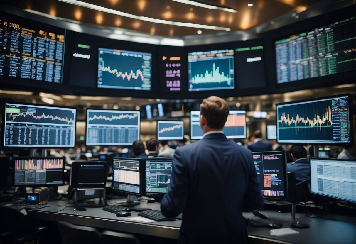 A bustling stock exchange floor with traders gesturing and shouting, surrounded by digital screens displaying small-cap stock performance charts