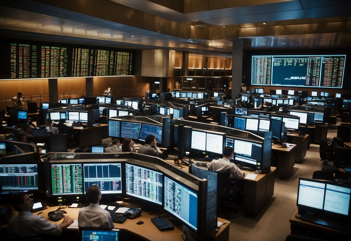 A bustling stock exchange floor with small-cap stock tickers rising, analysts studying charts, and investors eagerly discussing potential investments