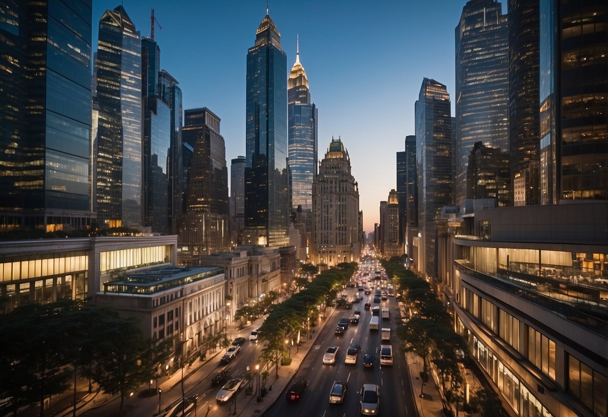 A bustling city skyline with small-cap companies' logos prominently displayed on towering skyscrapers, surrounded by bustling activity and financial institutions